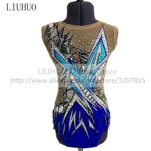 LIUHUO Womens Girls' performance Rhythmic gymnastics competition Leotard Artistic Costume Ice Skating Dress Sleeveless BlueKid