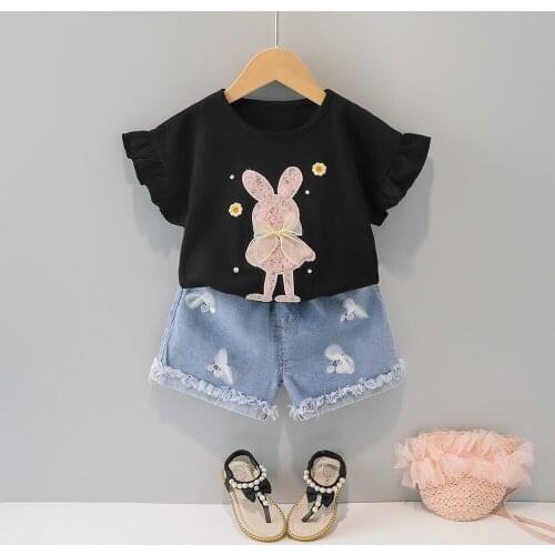1 2 3 4 5 Y Baby Girls Clothing Sets 2021 Summer New Kids Girls Cartoon Short Sleeve Suits Cute Rabbit T Shirt Denim Shorts 2pcs