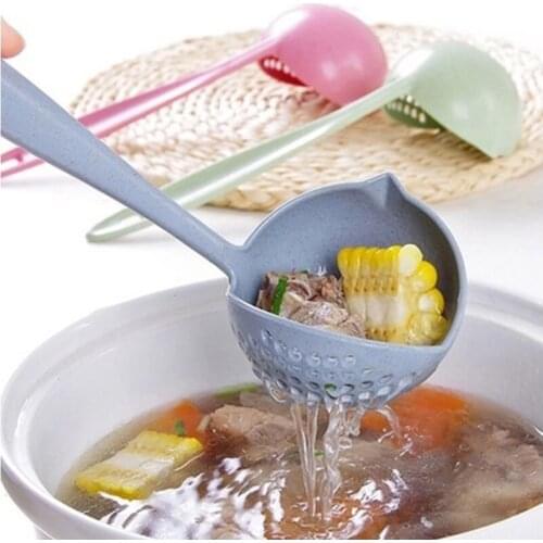 2 In 1 Soup Spoon Long Handle Kitchen Tablespoon Strainer Solid Color Cooking Colander Kitchen Scoop Plastic Tableware Colander