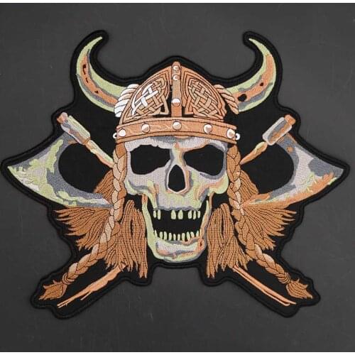 Large Indian Skull Ax Embroidery Punk Biker Patches Clothes Stickers Apparel Accessories Badge