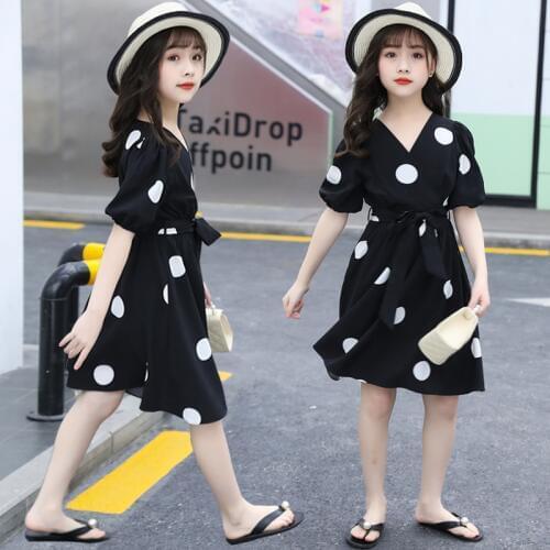 Kids Dresses for Girls Summer Black Red Dot Print Beach Dress 4 5 6 7 8 9 10 11 12 13 14 Year Old Chiffon Elegant Princess Dress