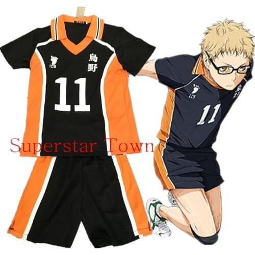 Haikyuu Karasuno Tsukishima Cosplay High School Uniform Jersey Costume Tsukishima Kei Number 11 T-shirt and Pants