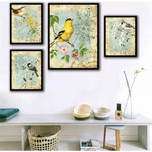 Beautiful Flowers And Birds Painting Nordic Prints Poster Wall Art Canvas Tree Twig Sparrow Pictures Bedroom Fashion Home Decor