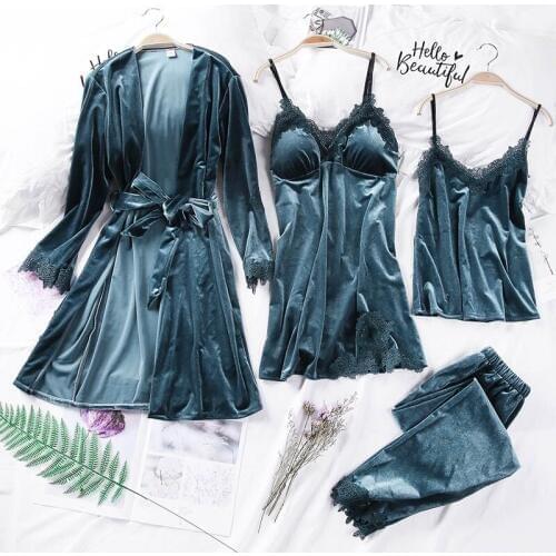 4 piece set warm pajamas set womens sexy lace pajamas pajamas set pyjamas home suit clothing sleepwear