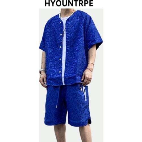 2 Pieces Sets Men Harajuku Pattern Single Breasted Short Sleeve Baseball Shirts and Drewstring Shorts Joggers Streetwear Sets