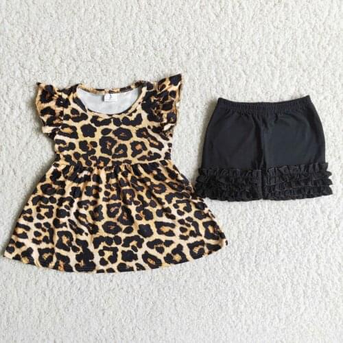 Toddler Girl Clothes Set Leopard Print Little Flying Sleeve Top Black Shorts Western Country Clothing 2-Piece Set Wholesale