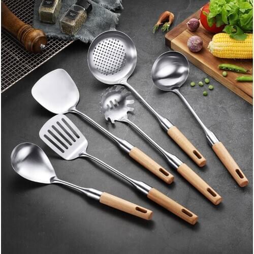 Wooden Handle Stainless Steel Kitchenware Cooking Tools Spatula Soup Ladel Spoon Slotted Shovel Kitchen Utensil Cookware Cozinha