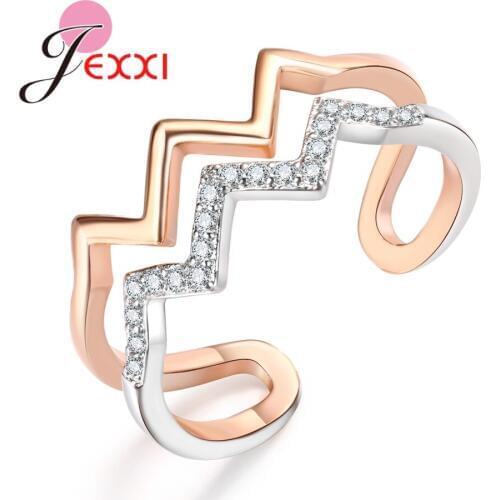 Charming High Quality Wave Design Wedding Ring For Women Lovers Simple Cubic Zirconia Rose Gold Adjustable Jewelry