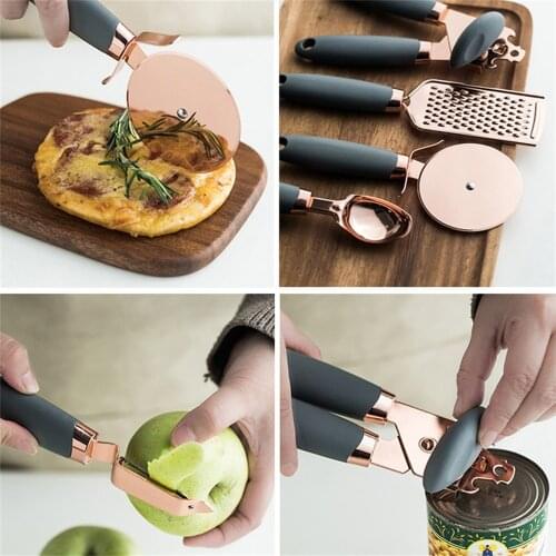 Copper Coated Garlic Press Pizza Cutter Kitchen Gadget Set Can Opener Potato Cooking High-End Kitchenware Kitchen Accessory 7PCS