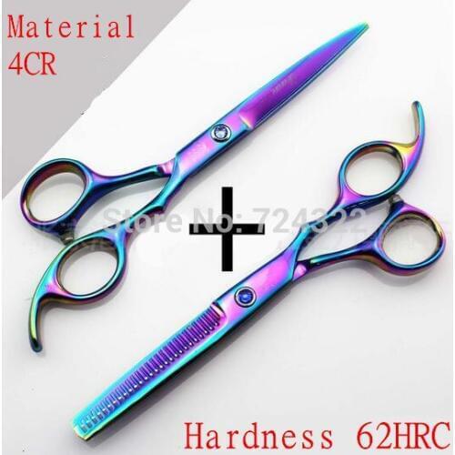 Professional 440C 6.0 5.5 inch rainbow hairdressing scissors shears barber cutting thinning hair scissors Set Free Shipping