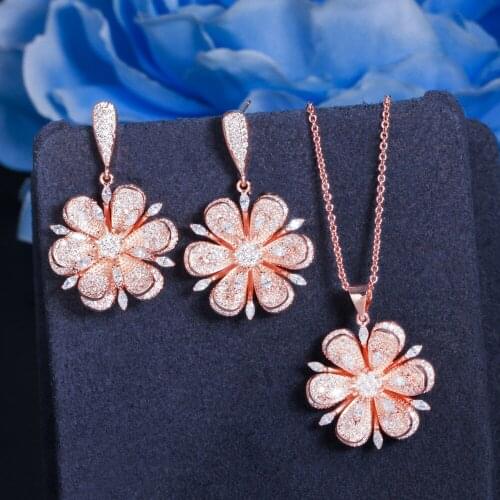 Rose Gold Micro Full CZ Cubic Zircon Pave Setting Big 3D Flower Pendant Necklace and Earrings Set For Women Prom Jewelry