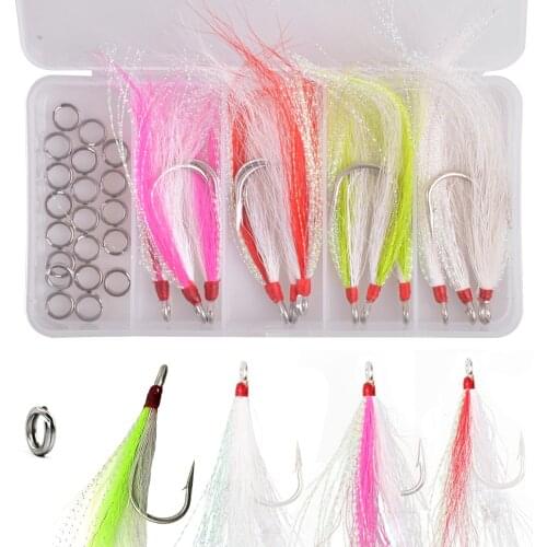 32Pcs/Box Bucktail Jig Fishing Hooks With Split Rings Saltwater Fishing Lures Teaser Artificial Bait Stainless fishing hook Set