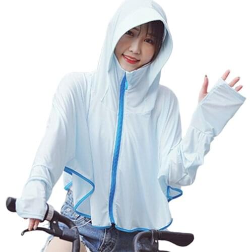 Ice Silk Sunscreen Clothing Female Summer Hooded Breathable Shawl Outdoor Beach Clothing Zipper Riding Sun Protection Clothing