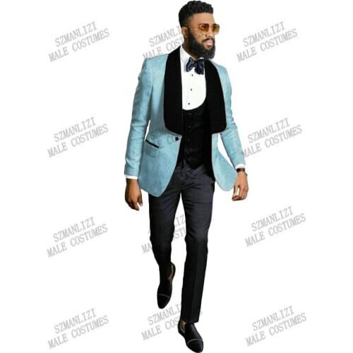 2021 Light Blue Jacquard Blazer Wedding Tuxedo for Men Groom 3 piece Slim fit Men Suits Black Velvet Lapel Male Dress Costume
