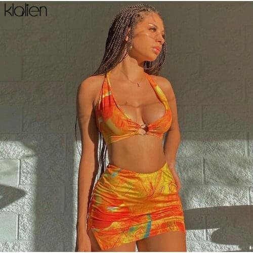 KLALIEN Fashion Sexy Print V Neck Halter Camisole and Skirt Two Piece Set Summer Women Beach Vacation 2021 New Skirt Set Hot