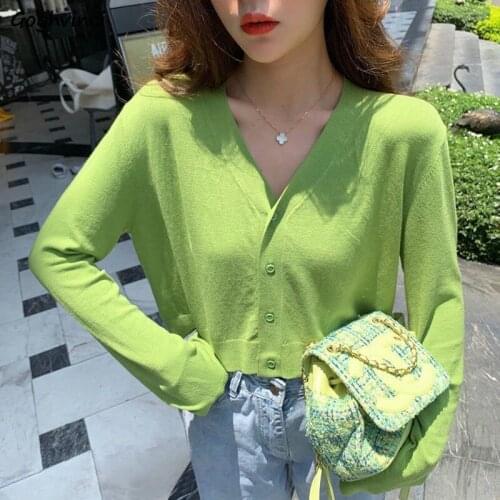Women Cardigan Solid Long Sleeve Crop Tops Female Loose Single Breasted V-neck Knitted Outwear Summer Thin Casual Top Korean INS