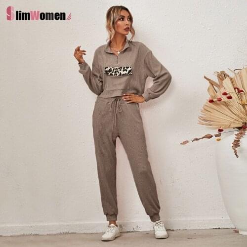 Women Casual Tracksuit Fall Winter Leopard Patchwork Two Piece Sportswear Set Drawstring Pants Set Homewear Sports Suit Outfits