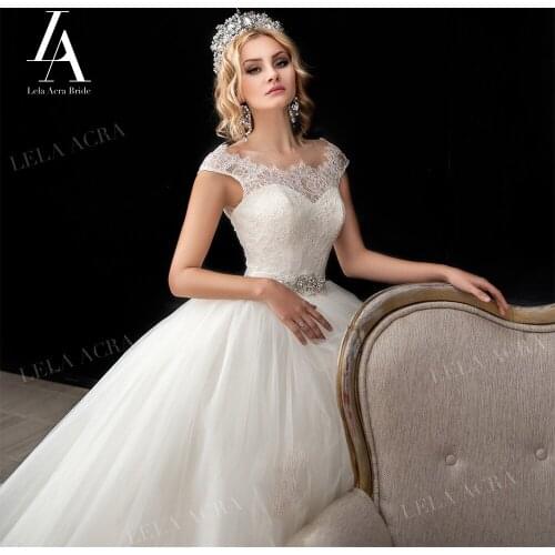 Fashion Lace Wedding Dress 2021 New Appliques Crystal Belt Ball Gown Bridal Princess Court Train LelaAcra ER22 Vestido De Novia