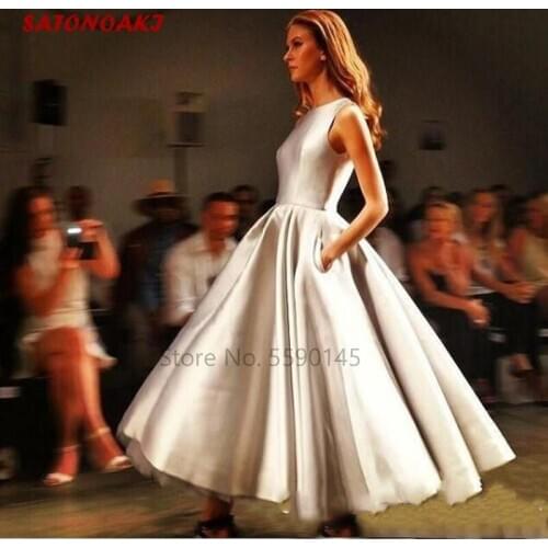 Modern Evening Dress 2020 Tea Length Jewel Neck A Line Prom Party Celebrity Gowns With Pocket Custom Made Undefined Sukienki