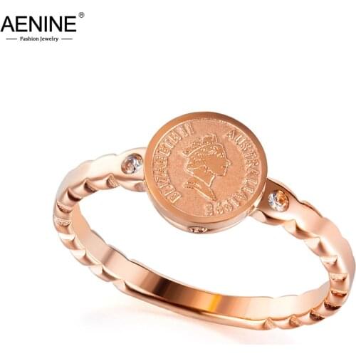 AENINE Titanium Stainless Steel Retro Style Queen Avatar Ring Jewelry Rose Gold Trendy CZ Crystal Party Rings For Women AR19176