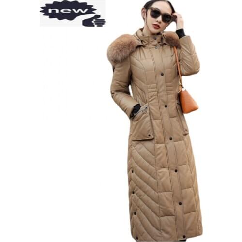 Winter Women Long White Duck Down Jacket Slim Fit Ladies Sheepskin Genuine Leather Coat Fur Collar Hoody Thick Warm Overcoat