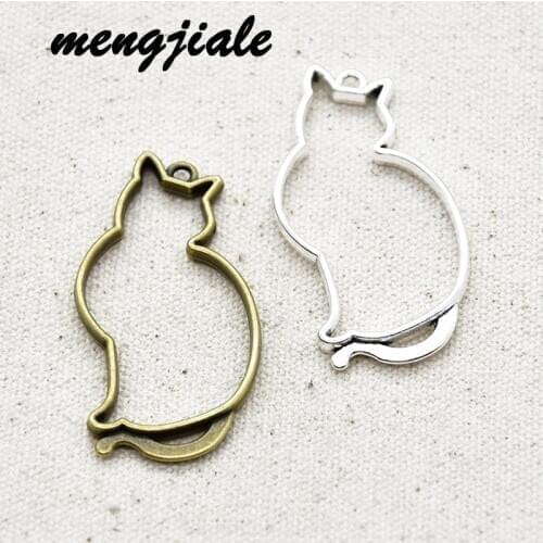 10pcs Two Color Alloy Jewelry Accessories hollow Cat Silhouette Pendant Charms fit Glue Blank Pendant Tray Bezel 53*28mm