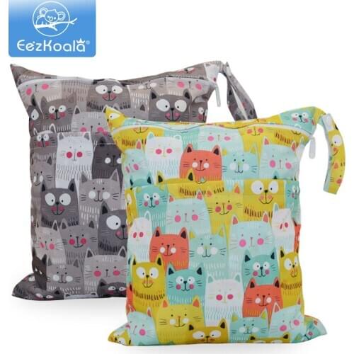 EezKoala 2pcs Reusable Waterproof Fashion Prints Wet Dry Diaper Bag Double Pocket Cloth Handle Wetbags 28*36CM Wholesale