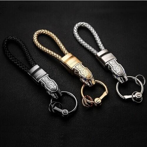 Keychains Leopard head Key Rings Men Gifts Blue Diamond Car Key Accessories Pendant Braided Rope For Mercedes Audi VW Golf Kia