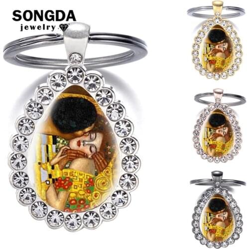 SONGDA Famous Gustav Klimt The Kiss Golden Tears Keychain Art Picture Glass Gem Rhinestone Water Drop Pendant Keyring Art Lovers