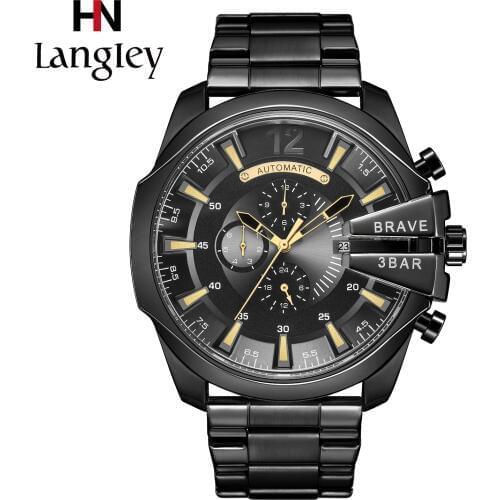 Langley Men Watches Gold Self-winding Automatic Mechanical Wristwatch Army Military Male Sport Clock Leather Band Saat Erkekler