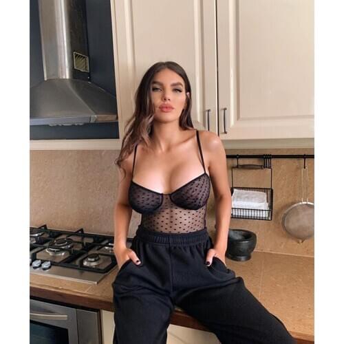 Black Lace Transparent Bodysuit Women Sexy Plus Size Sleeveless Teddy Jumpsuits Body Tops Femme V-neck Bodysuits Overalls S-3XL
