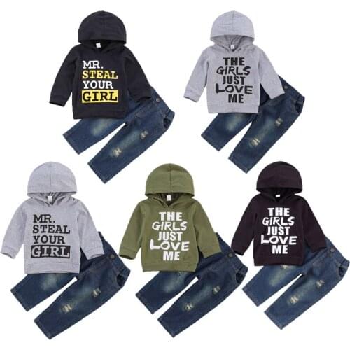 FOCUSNORM 0-3Y Fashion Baby Boy Clothes Sets Letter Print Long Sleeve Pullover Hooded Tops+Blue Denim Pants 5 Style