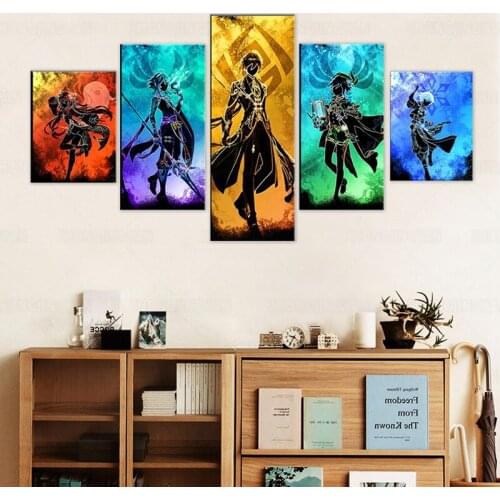 Framed Canvas 5Pcs Anime Genshin Impact Game HD Wall Posters Pictures Paintings Home Decor Accessories Living Room Decoration