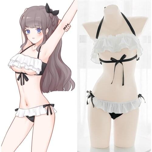 Japanese Soft Girl Cosplay Lovely Simple Bow Ruffles Sexy Lolita Hollow Out Underwear Set Sweet Tie Wrapped Chest Camisole