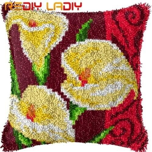Latch Hook Cushion Yellow Calla Pre-Printed Canvas Cushion Front Acrylic Yarn Crochet Pillow Case Kit Sofa Bed Pillow Home Decor