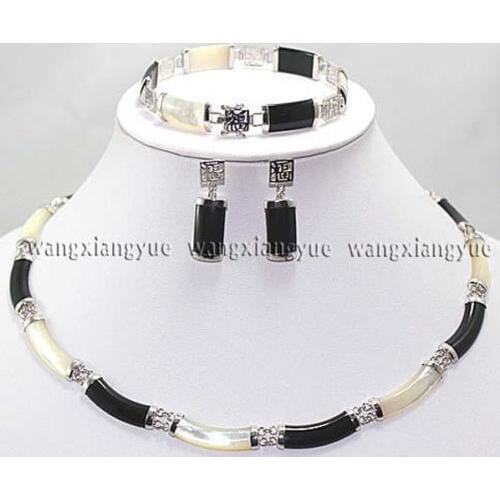 Hot selling> Natural stone Black White Natural Link Necklace Bracelet earrings Set AAA watch Quartz stone crystal (A0 -Br