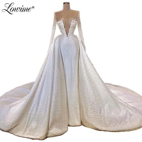 Muslim High Neck Beading Pearls Evening Dress Dubai Design Illusion Turkish Kaftans Arabic Middle East Prom Party Dresses 2020