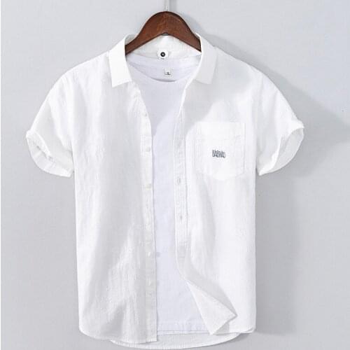 Letter Embroidery Summer Short Sleeved Shirt for Men Summer New 100% Cotton Tops Male Casual Turn-down Collar Clothing Trends