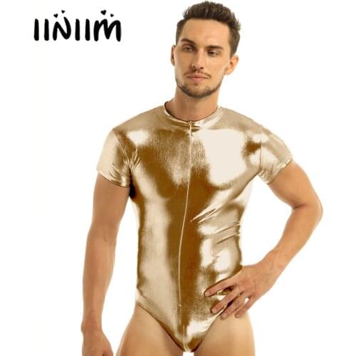 Mens Lingerie Sexy Body Suit Wetlook Patent Leather High-cut Short Sleeves Zippered Leotard Bodysuit for Mens Party Nightclub