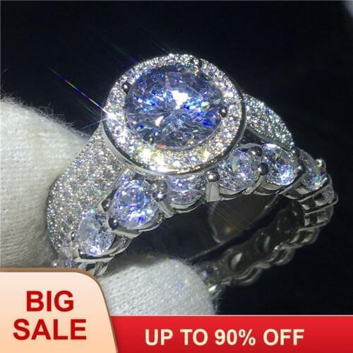 Handmade Lovers ring set Silver color Round cut 2ct AAAAA Cz Stone Engagement wedding band ring for women Bridal Jewelry