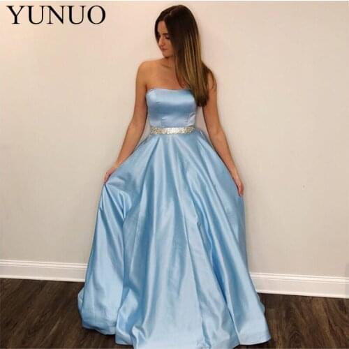 Light Sky Blue Evening Dresses A-line Strapless Floor Length Custom Women Formal Party Dress Beaded Sash Prom Gowns