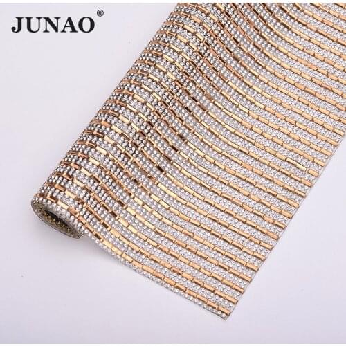 JUNAO 24x40cm Clear Champagne Rhinestones Mesh Trim Glass Crystal Ribbon Fabric Hot Fix Strass Applique Diamond Tape Banding