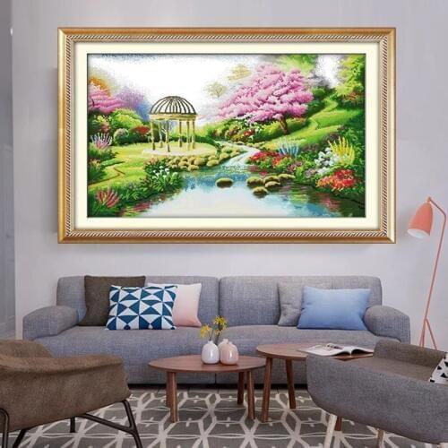 Romantic garden scenery River Cross Stitch painting 14CT DMC Counted printed Embroidery Needlewor fairy tale Cross-stitch Kit