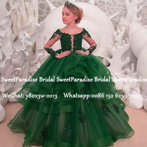Luxury Green Lace Flower Girls Dresses 2020 Sheer Long Sleeves Appliques Beads Tiered Ball Gown Pageant Dress Prom Vestidos