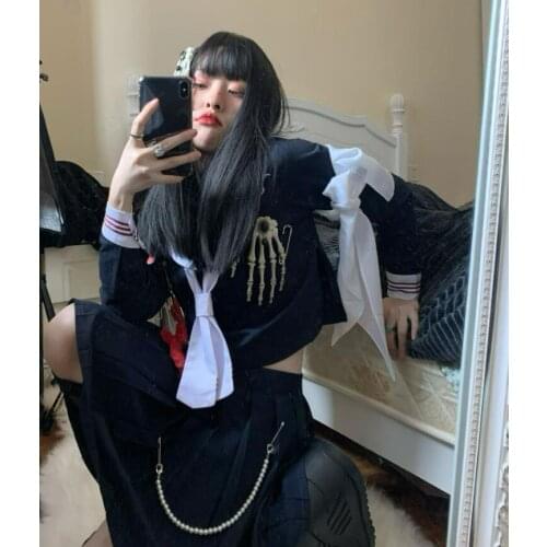 Ruibbit Women Japanese Harajuku Girls Pink T Shirts Printed Top Black Long Sleeve JK Sailor Uniform Loose Gothic Girls Top