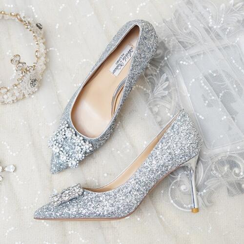 Wedding Shoes Girls 2019 Bride Shoes Silver Sequins Square Button High-heeled Bridesmaid Princess Wedding Dress Crystal Shoes