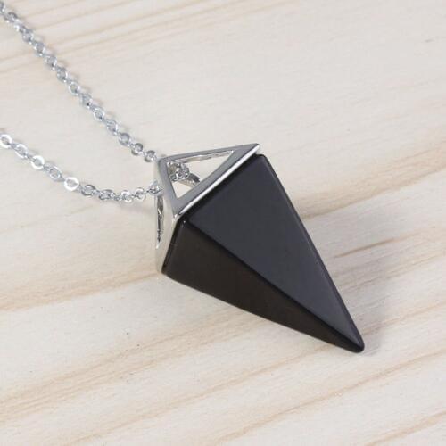 Trendy-beads Silver Plated Reiki Black Onyx Square Pyramid Pendant Link Chain Necklace Charm Jewelry