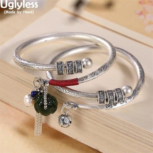 Uglyless Spinning Mantra Beads Bangles for Women Thai Silver 990 Pure Silver Lotus Charm Vintage Bangles Jade Pearl Tassel Jewel