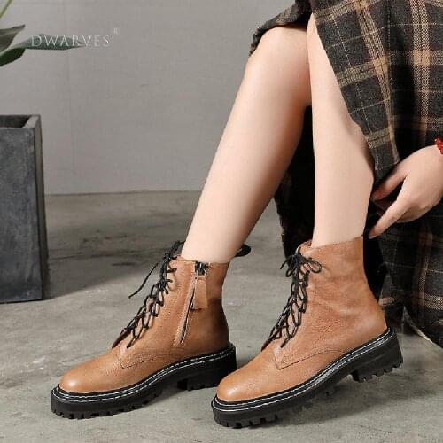 WomenS Martin Boots Lace Up Leather Low Heel Platform Ankle Boots Camel/Black