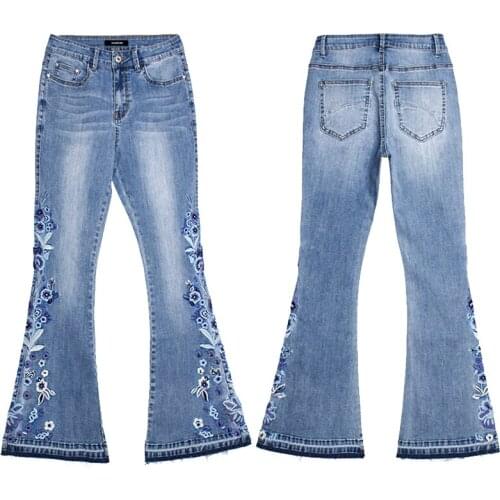 DSQBRAND Womens Denim Embroidered Womens Pants Washed Flare Jeans Wide-footed Large-Size Pants Fashion Luxury Street Style